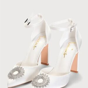 Luis White Satin Heels with Rhinestone Detail
